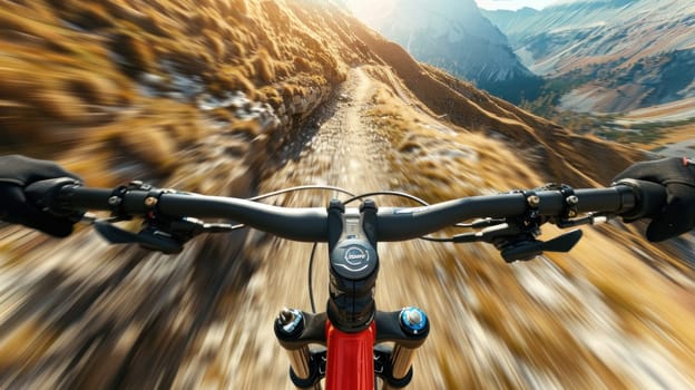 A close up of a mountain bike rider on a dirt road. The rider is leaning into a turn and the bike is in motion. Concept of adventure and excitement as the rider navigates the challenging terrain