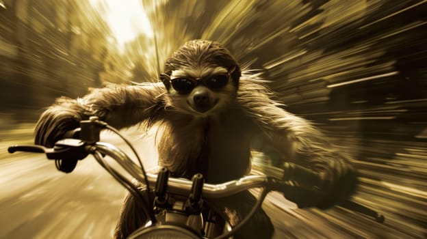 A sloth is riding a motorcycle with a helmet on.