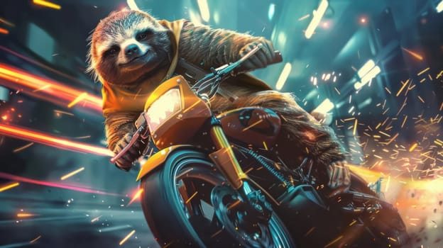 A sloth is riding a motorcycle with a helmet on.