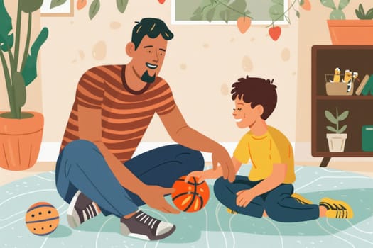 Father's Day greeting card design flat illustration, A man and a boy are playing with a basketball.