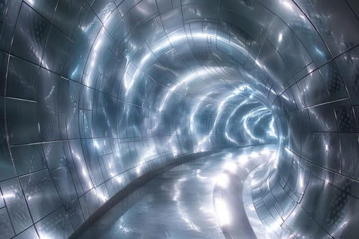 A long, narrow tunnel with a shiny, metallic surface. The tunnel is lit up with bright lights, creating a sense of depth and mystery. The shiny surface of the tunnel reflects the light