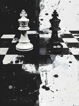 A monochrome photograph featuring two chess pieces on a board game, showcasing tints and shades in indoor recreation. A still life tabletop game captured in black and white stock photography