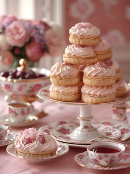 A stack of cupcakes with pink frosting on a cake stand, displayed on a table set with food and drinkware. A delightful dessert spread for any occasion