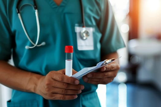 Doctor holding blood tube test in the research laboratory. health for check up . Generative ai.