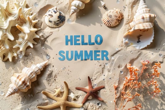 Hello summer banner with sand beach with top view, Generative AI..