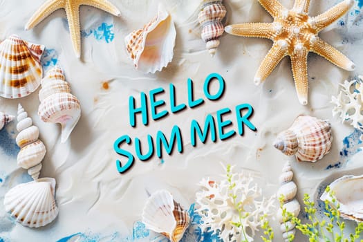 Hello summer banner with sand beach with top view, Generative AI..