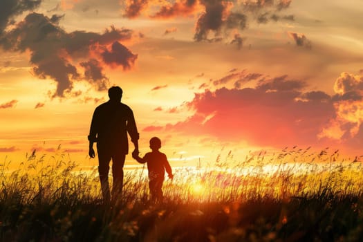 father's day. Silhouettes of father and son on sunset landscape background. Generative AI.