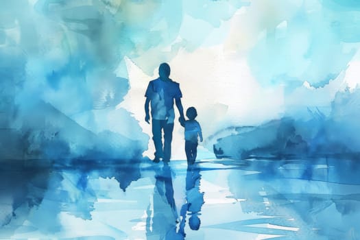 father's day. father and son on sunset landscape background. Generative AI.