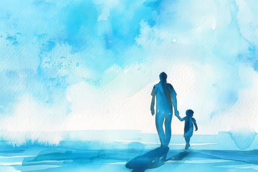 father's day. father and son on sunset landscape background. Generative AI.