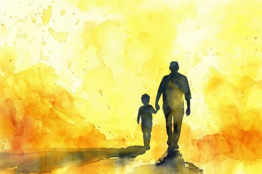 father's day. father and son on sunset landscape background. Generative AI.