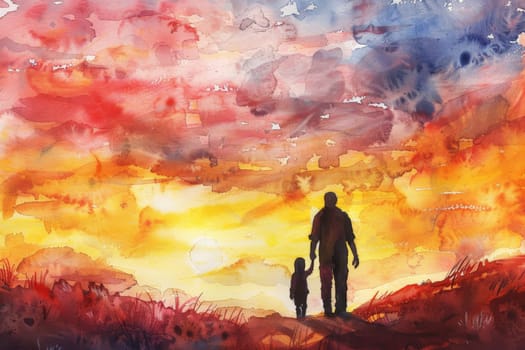 father's day. father and son on sunset landscape background. Generative AI.