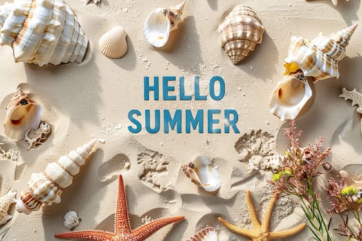 Hello summer banner with sand beach with top view, Generative AI..