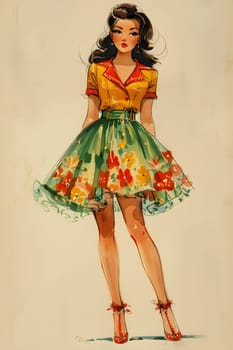 An artful drawing of a woman in a yellow shirt and green skirt. She is wearing a onepiece garment with a day dress style. The design showcases details like the neckline, sleeves, and waist