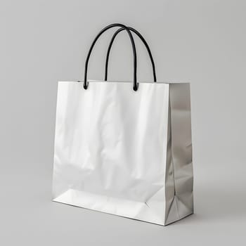 A rectangle white paper bag with black handles, set on a gray background. Fashion accessory with silver metal details, perfect as a shoulder bag