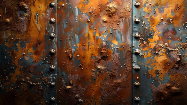 A close up of a brown rusty metal surface with rivets, resembling an art painting. The texture is reminiscent of wood grain, creating a visual arts event on the window of the glass