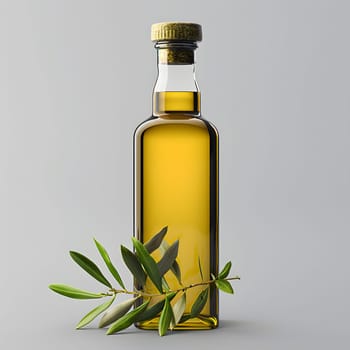 A glass bottle of olive oil adorned with leaves, a fashionable accessory for any kitchen. The liquid inside is a natural solvent extracted from a flowering plant