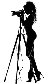 A videographer capturing monochrome photography of a woman making a gesture with a camera on a tripod. Audio equipment and a microphone stand can be seen in the background
