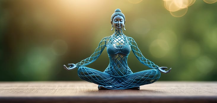 Woman in yoga pose, bent wire figure on nature backdrop, Creative figures symbol of tranquility, art and serenity intersection