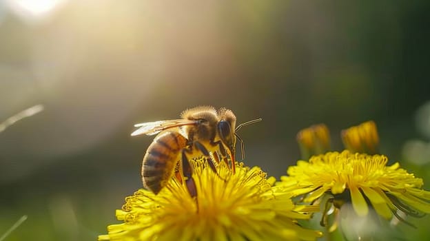 A honey bee collects nectar from yellow dandelion flowers in a garden in summer. AI generated.