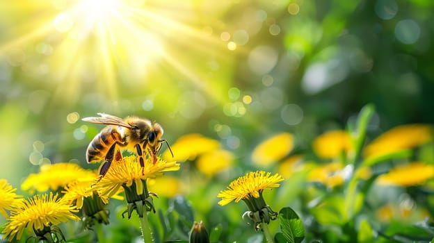 A honey bee collects nectar from yellow dandelion flowers in a garden in summer. AI generated.