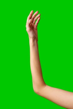 A human hand stretches upward into the air against a solid green background. The fingers are outstretched and reaching as if trying to grasp something above. The hand is the focal point, contrasting against the vibrant green backdrop.