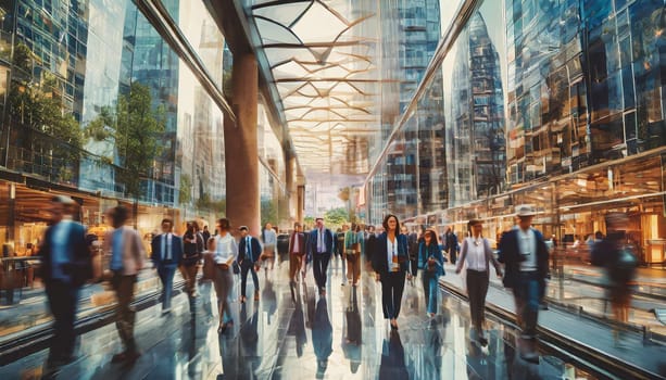 A busy city street with people walking and a bridge in the background. Scene is bustling and lively , rush commuting time AI generated