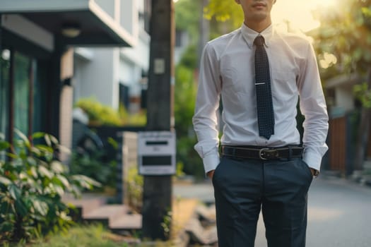 Real Estate agency in a suit stands in front empty sign board.