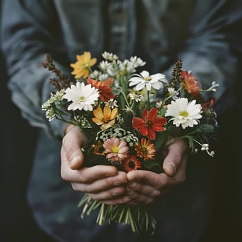 The person is gracefully holding a bouquet of colorful flowers in their hands, showcasing the beauty of various flowering plants and petals in a carefully arranged bouquet