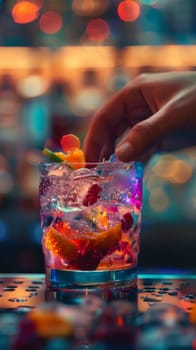 Colorful cocktail glass on glass table in night club restaurant.