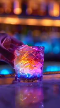 Colorful cocktail glass on glass table in night club restaurant.