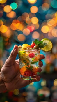 Colorful cocktail glass on glass table in night club restaurant.