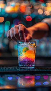 Colorful cocktail glass on glass table in night club restaurant.