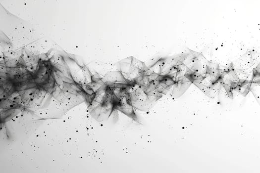 A black and white image of a line of dots with a white background. Concept of chaos and disorder, with the dots seemingly scattered and disorganized. The lack of color