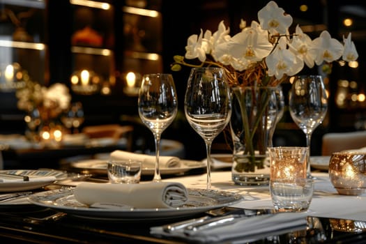 A table with two white plates and two wine glasses, with a vase of flowers in the middle. The table is set for two people and the atmosphere is elegant and intimate