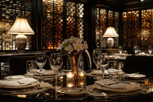 A table with two white plates and two wine glasses, with a vase of flowers in the middle. The table is set for two people and the atmosphere is elegant and intimate