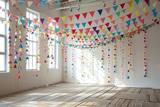 Spacious vintage room with large windows and garlands of flags.