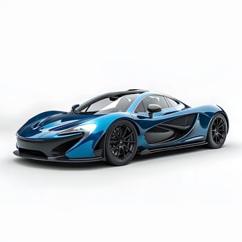 A sleek blue and black sports car with shiny rims and headlights, showcasing automotive design and lighting against a crisp white background