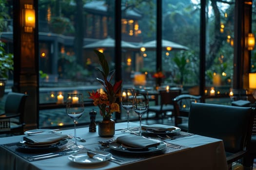 A table with two white plates and two wine glasses, with a vase of flowers in the middle. The table is set for two people and the atmosphere is elegant and intimate