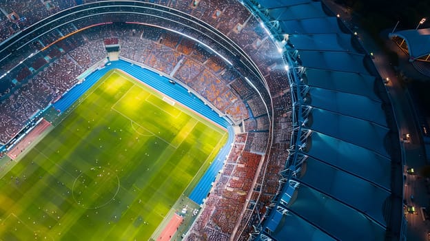 An electric blue glow illuminates the soccer stadium at night, creating a mesmerizing pattern of lights that form a symmetrical circle in the urban landscape