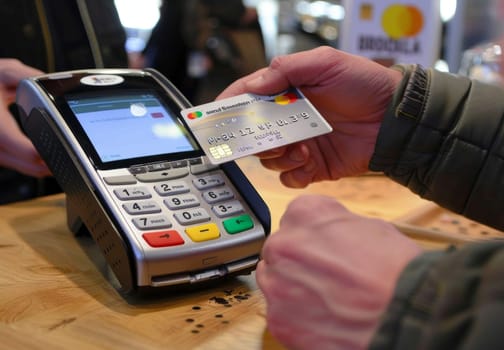 Closeup of a hand holding a credit card into terminal for payment at a restaurant table.