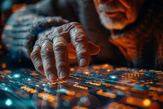 An older man is using a tablet with a finger, and the image has a futuristic, technological feel to it