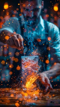 A bartender is pouring a drink into a glass with a blue flame.