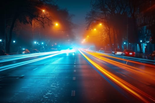 A street with a lot of cars and a lot of lights. The lights are orange and blue