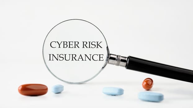 Cyber Risk Insurance text on a white background through a magnifying glass