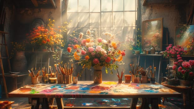 A painting showcasing a collection of flowers arranged in a vase on a table.