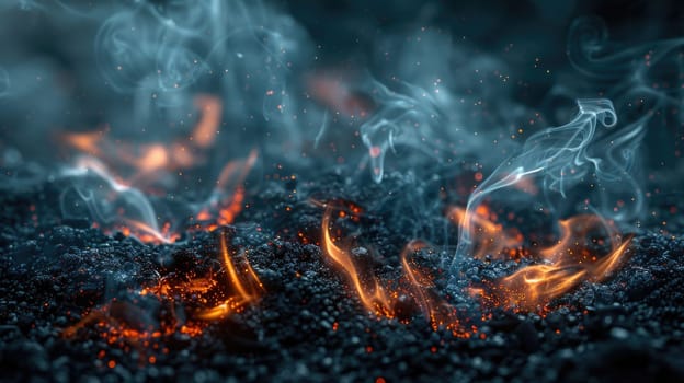 A detailed view of flickering flames and billowing smoke against a black backdrop.