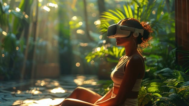 A woman wearing a virtual reality headset sits among towering trees in a forest, engaging with a virtual world.