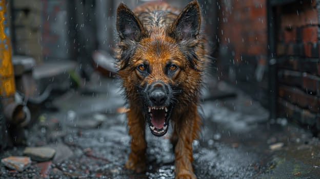 A dog braving the rainstorm while standing with its mouth open.