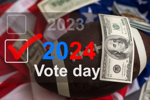 2024 presidential election year in United States as illustration template on blue background wall with reflection. High quality photo