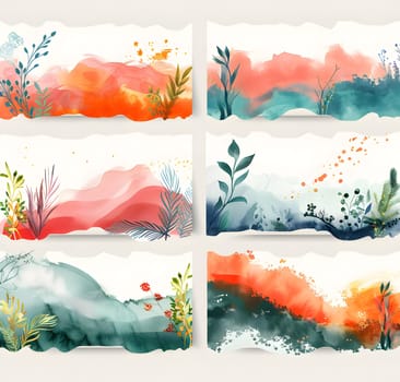 A series of watercolor paintings capturing the beauty of flowers and leaves in a natural landscape ecoregion. The vibrant orange hues and delicate brush strokes create a stunning visual art piece